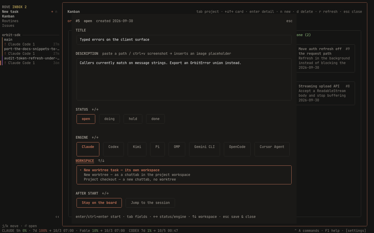 The story detail drawer: editable title and description above the engine, workspace and after-start choices a session would launch with
