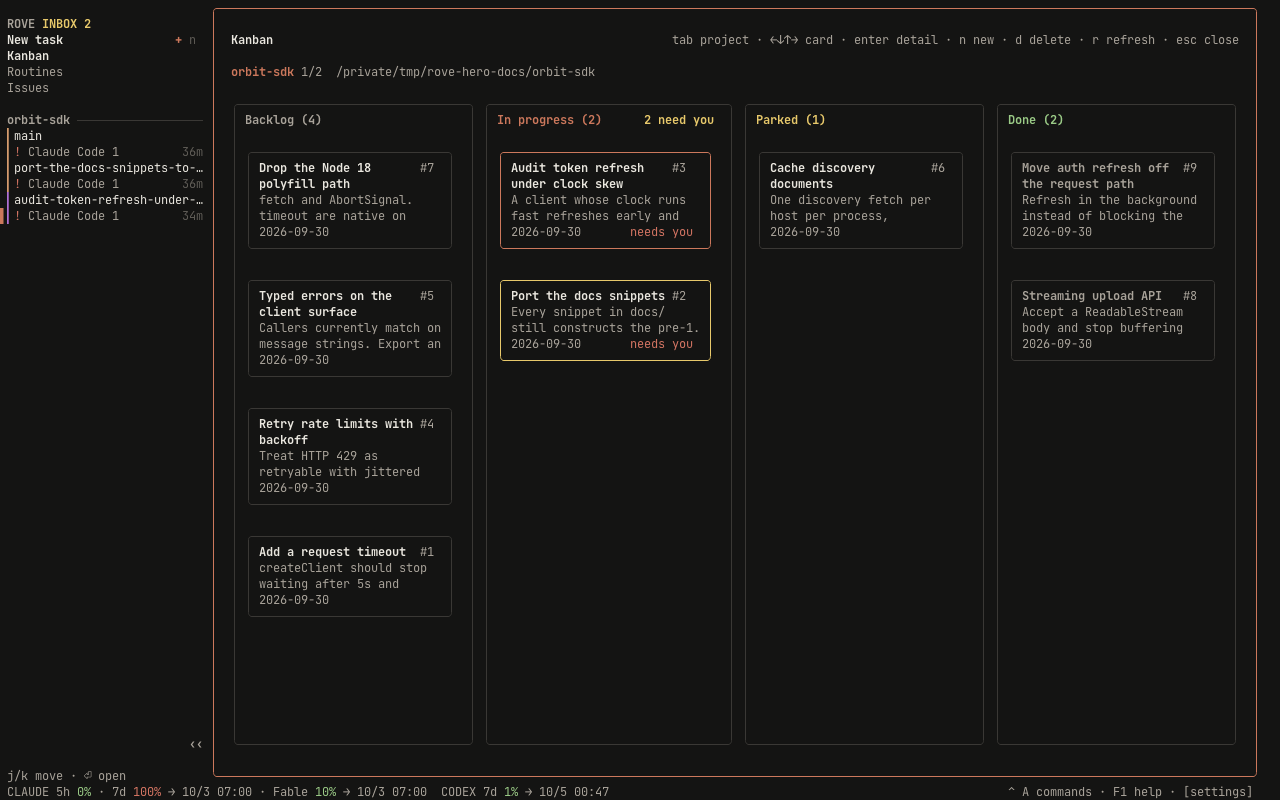 The Kanban board: Backlog, In progress and Done for one project, with the card cursor on an in-progress story