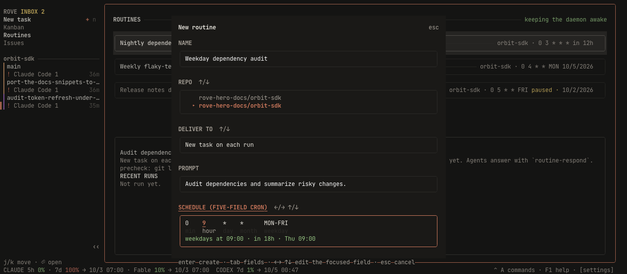 The New routine composer: name, repo picker and prompt above five labelled cron cells, with the hour cell selected and the schedule restated underneath as "weekdays at 12:00 · in 2d · Mon 12:00"