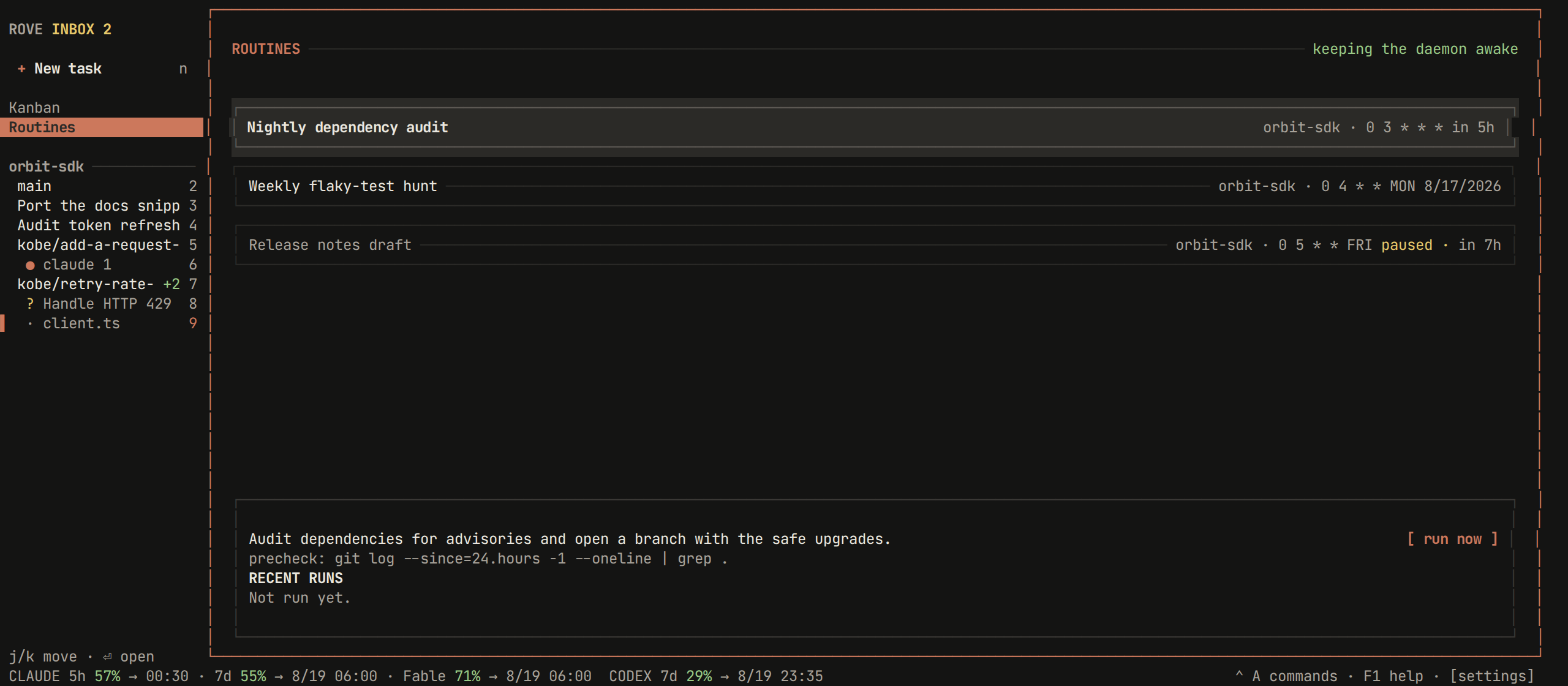 The Routines page — three scheduled prompts with their repo, cron expression and next run, and the selected routine's prompt, precheck and run history below
