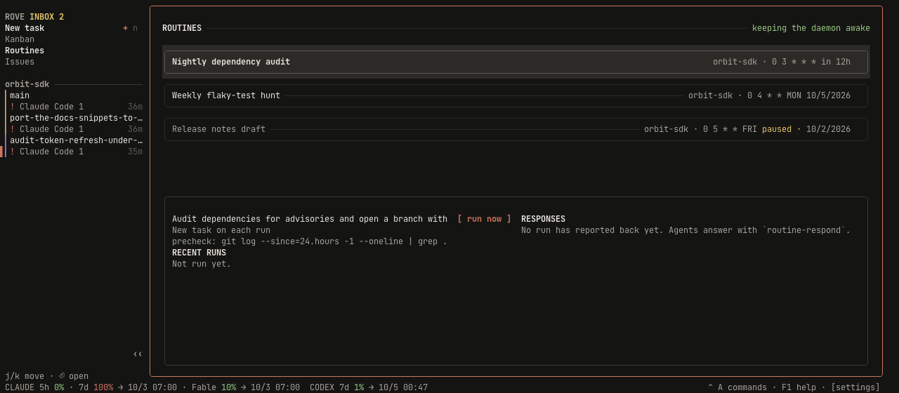 The Routines page: three scheduled prompts with their repo, cron expression and next run, and the selected routine's prompt, precheck and run history in the detail box below