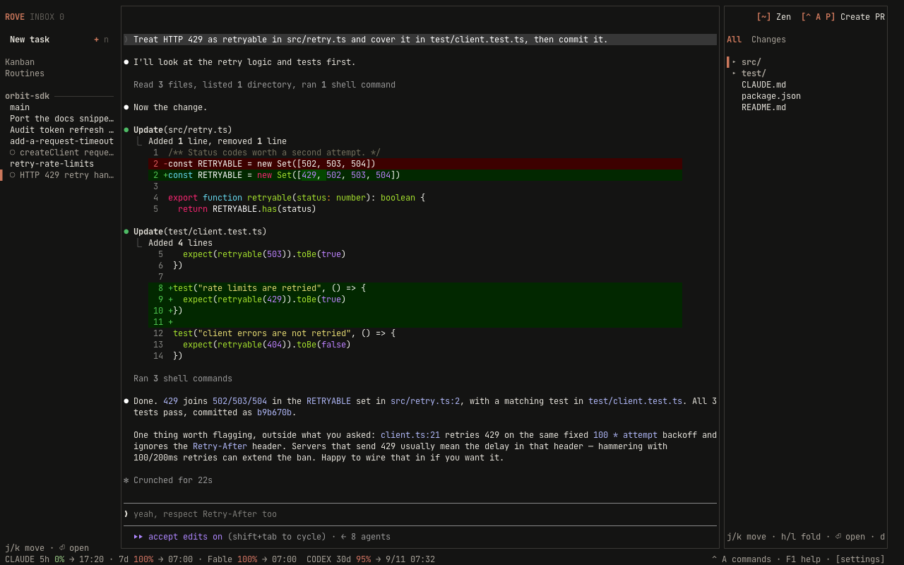 Rove's three panes: tasks on the left, the engine session in the middle, changed files on the right